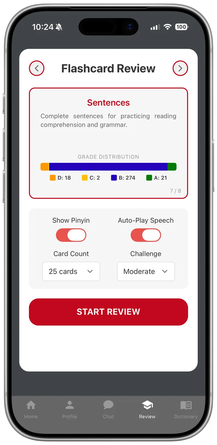 The Flashcard Review launcher for the Sentences collection: a grade distribution chart, toggles for pinyin and auto-play speech, card count, and challenge level